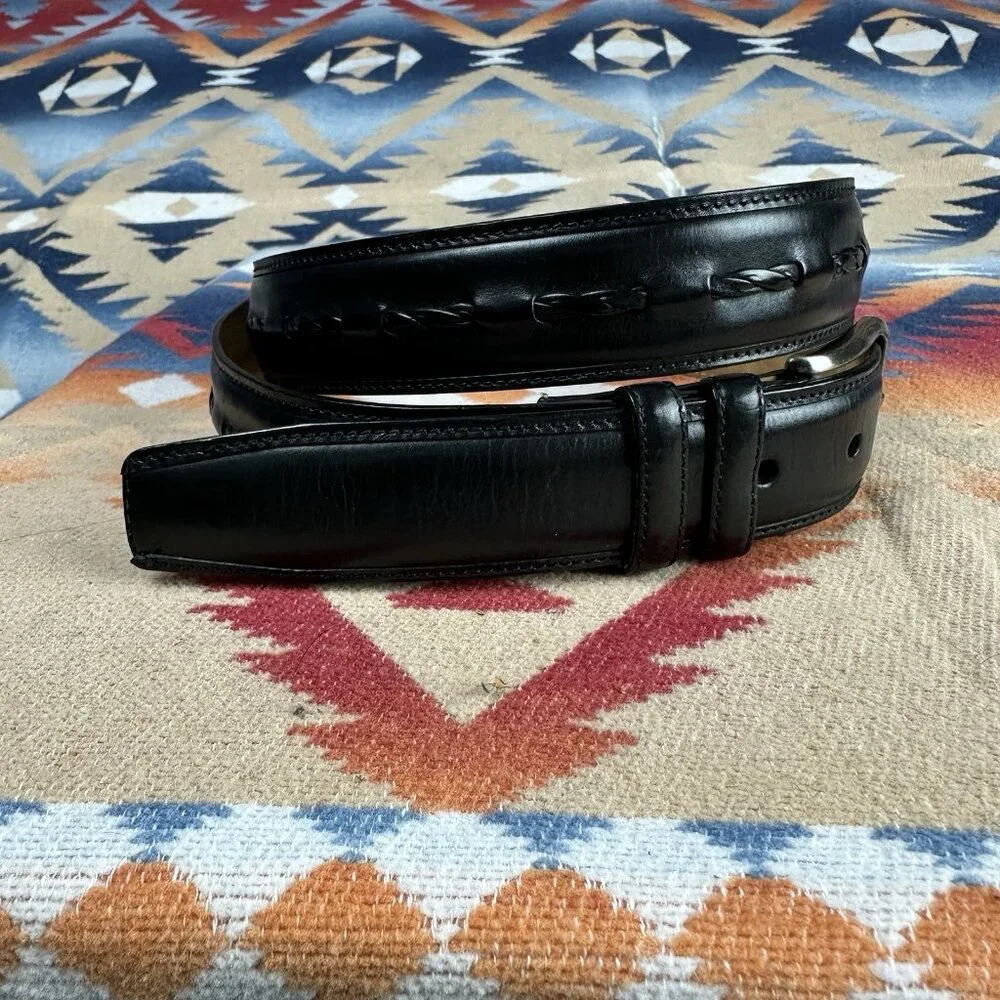 Mezlan Black Leather Belt with Top Stitch Detail Solid Brass Hardware Sz 36